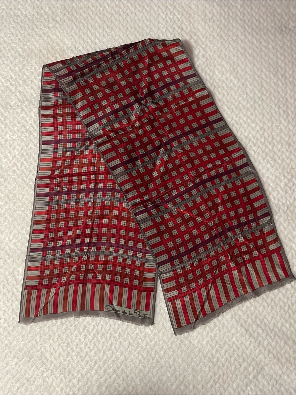 Oscar de la Renta Silk Blend Plaid Checkered Scarf Red Gray